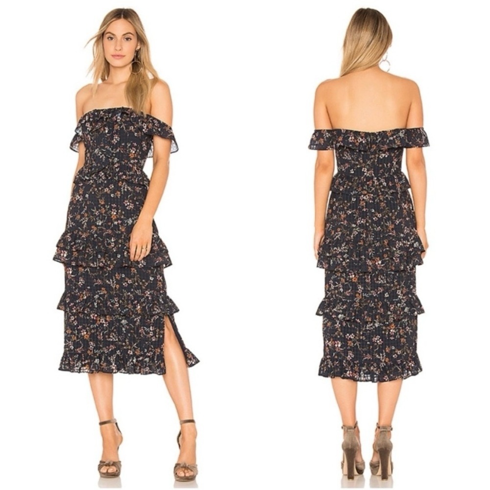 Tularosa‎ Off Shoulder Floral Midi Dress Small Smocked Tiered Ruffle Boho